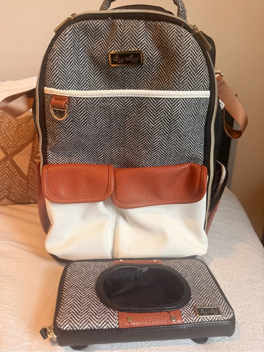 Itzy Ritzy Herringbone Backpack with Brown & White Accents